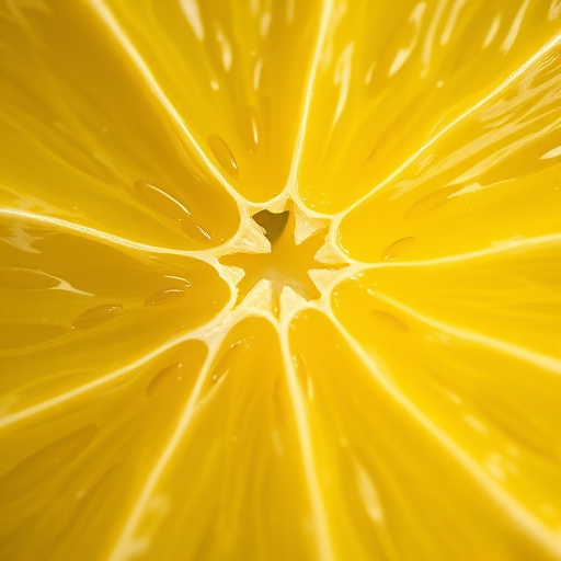 Create a high-resolution close-up image of a sliced lemon showing intricate details of the pulp and seeds, using a 50mm lens, aperture f/2.8, ISO 100, with natural light and a shallow depth of field for a vibrant and sharp look.