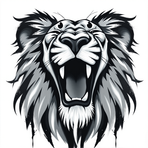 Abstract black and white acrylic portrait of an over exaggerated laughing (lion). Minimalism style. White background.