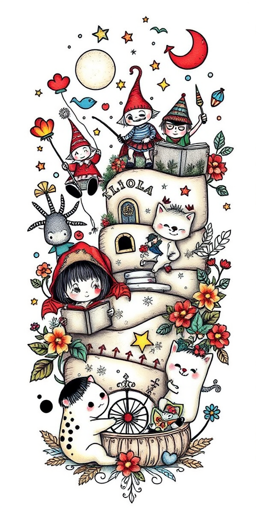 Illustrative tattoo design titled "Storybook Whimsy" featuring whimsical characters and scenes reminiscent of children's book illustrations with a mix of color and black linework