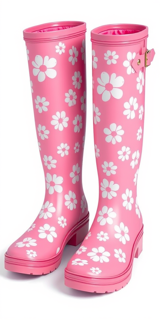 Create a high-quality digital illustration of pink rain boots with white flower patterns, using a 50mm lens, f/2.8 aperture, ISO 100, shot from a slightly elevated angle, in a soft studio lighting style.