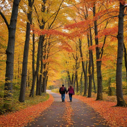 Scenic autumn landscape, with trees displaying vibrant fall colors, a couple walking hand in hand along a winding path covered in leaves, creating a cozy and romantic atmosphere.
