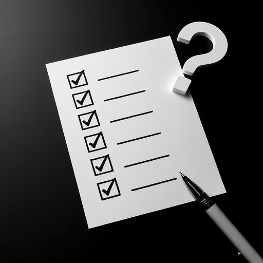 Generate a high-contrast black and white image of a checklist with check marks and a question mark in the background, utilize a Canon EOS R5 camera with an aperture of f/2.8, ISO 100, and a focal length of 50mm, in a flat lay style to enhance clarity and detail.