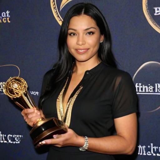 realistic image of a black hair woman, she is holding a golden trophy ans wearing a black shirt on ared carpet