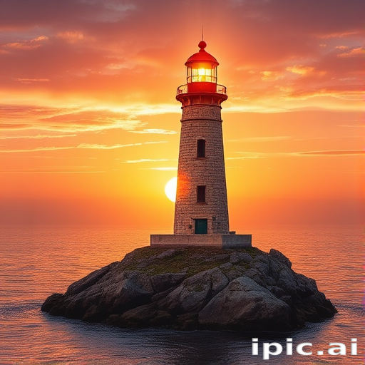 Generate an image of a tall lighthouse perched on a rocky outcrop surrounded by calm ocean waters during a breathtaking sunset. The lighthouse stands sturdy and weathered, its stone surface illuminated by the warm golden light of the setting sun. The sun's rays pass directly through the glass lantern room at the top of the lighthouse, casting a brilliant light across the scene. The sky is painted with vibrant shades of orange, pink, and purple, reflecting off the tranquil sea. The surrounding water shimmers with the same warm hues, creating a serene and majestic atmosphere.