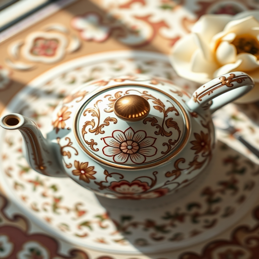 Create a high-resolution image of an ornate teapot with intricate floral designs, captured from a top-down view using a DSLR camera, f/4 aperture, 50mm lens, ISO 100, and soft natural lighting to enhance details and colors.