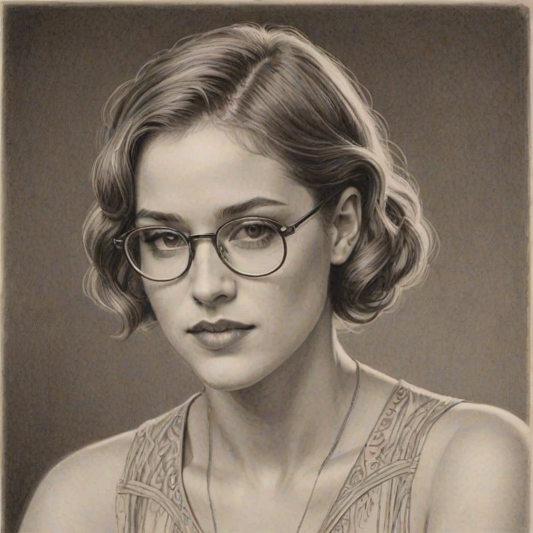 Fetching Cody Horn, pencil sketch, portrait of Beauteous woman 1920s in glasses, hair style beatnik, outline, clear lines, fine lines, 8k