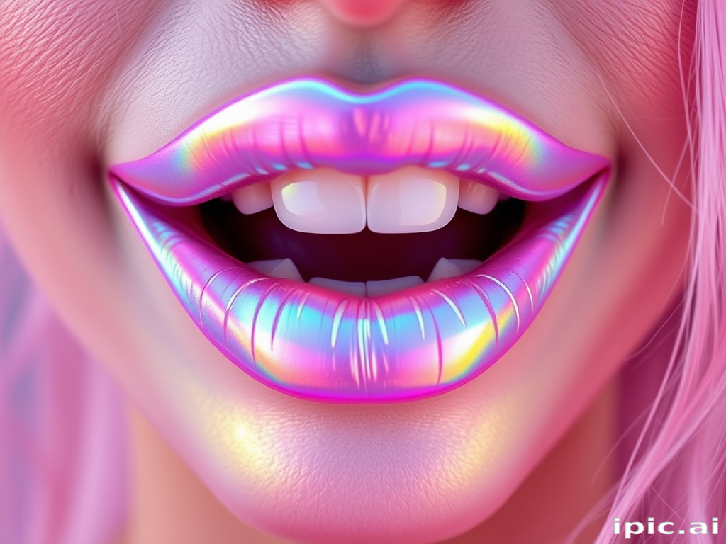 Iridescent holographic lips dubbed "Unicorn Dreams" showcase a multidimensional shift of pastel hues, creating a magical and ethereal appearance for festival-goers and makeup enthusiasts