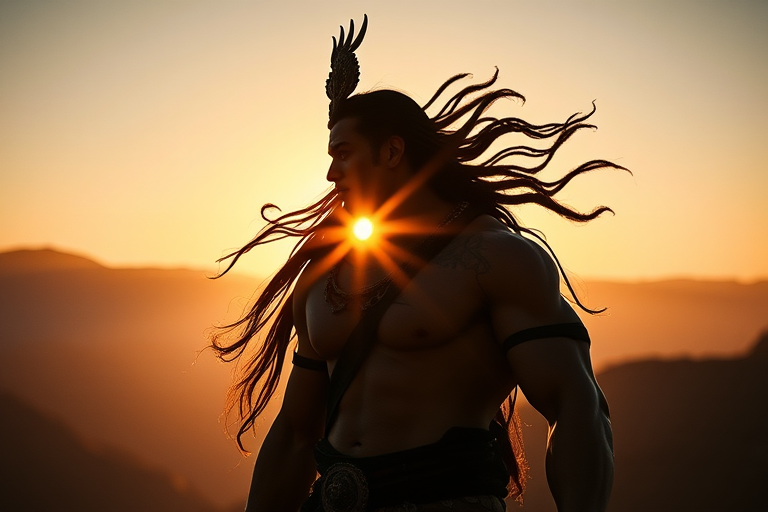 Create a dramatic silhouette of a muscular deity with long hair and ornate details, framed by a bright sunset in a mountainous landscape, using a Canon EOS R5 with a 24mm f/1.4 lens at ISO 100, shutter speed 1/250 sec, golden hour lighting for enhanced depth and warmth.