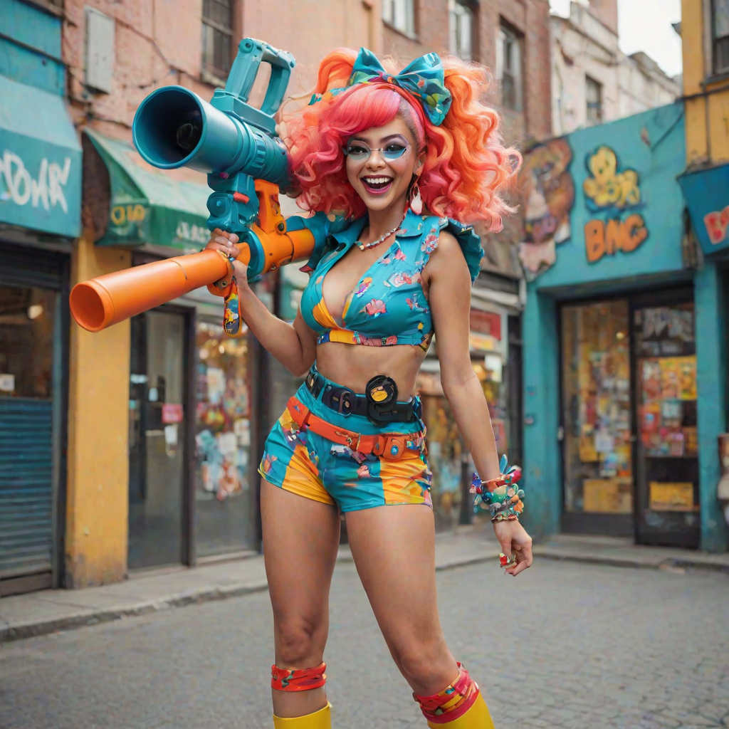 A playful woman holds a bazooka with a mischievous grin, her pose exaggerated and cartoonish. She’s dressed in a colorful, quirky outfit with oversized accessories, giving her a whimsical and fun appearance. The bazooka, although large, is designed in a cute, almost toy-like style, adding to the humorous and lighthearted vibe of the scene. The background is bright and cheerful, enhancing the overall playful atmosphere.
We share ALL our prompts in the Bing Image Prompts group: