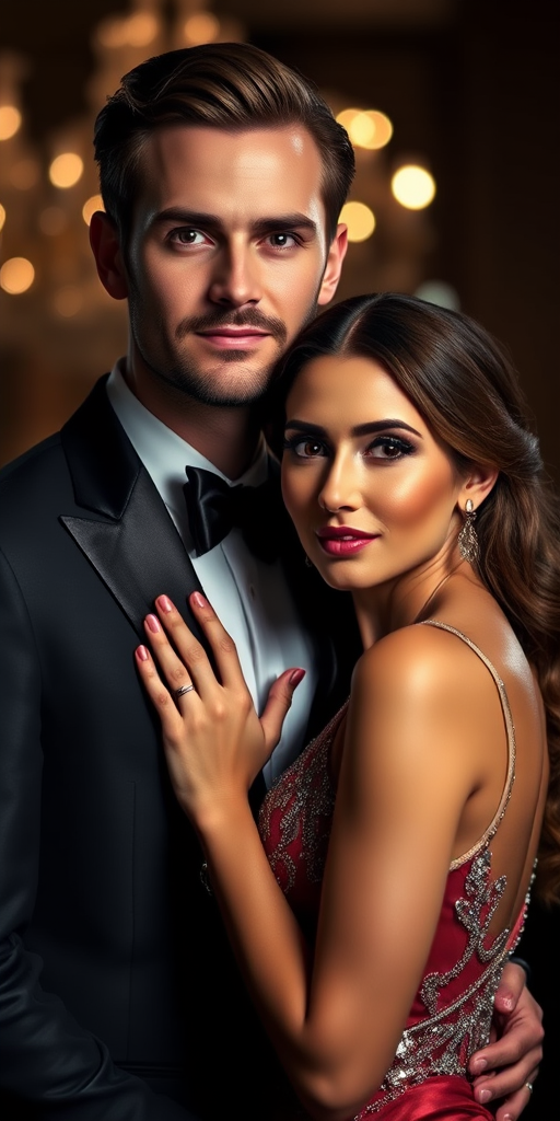 portrait of an elegant couple with a handsome man and a beautiful woman in evening attire, soft focus background, high contrast lighting, 85mm f/1.4 lens, aperture priority mode, ISO 100, shallow depth of field, studio lighting