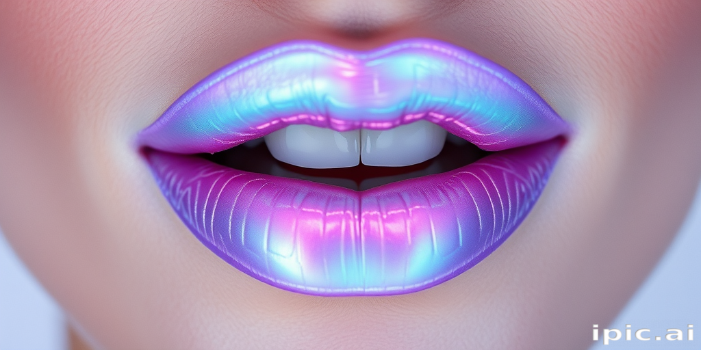 Iridescent holographic lips shifting between lavender and mint green, creating a futuristic and ethereal look that captivates the imagination