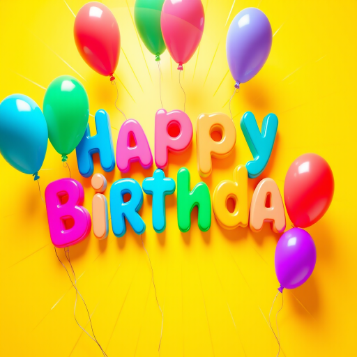 Create a vibrant birthday greeting design featuring the text "Happy Birthday" in playful, colorful typography with balloons, set against a bright yellow background with sunburst effects, using a DSLR camera with a 50mm lens, aperture f/1.8, ISO 100 for clarity and depth, top-down view for emphasis, and high dynamic range for vivid colors.