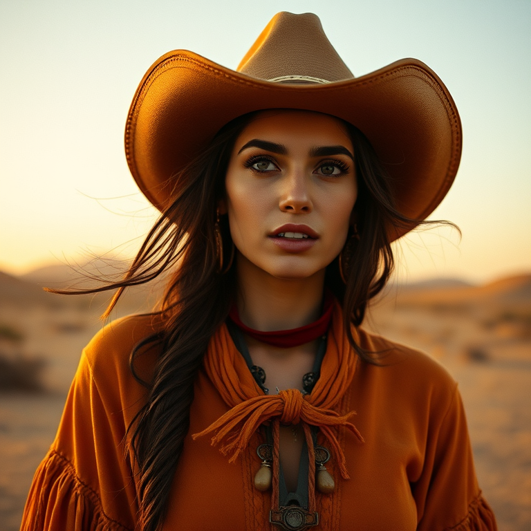 Dramatic photo of a beautiful Coptic woman, classic cowboy attire, confident and free spirit expression, half-length portrait, centered, golden hour desert landscape, warm, diffused light, low angle, medium format film camera, in style of Annie Leibovitz.