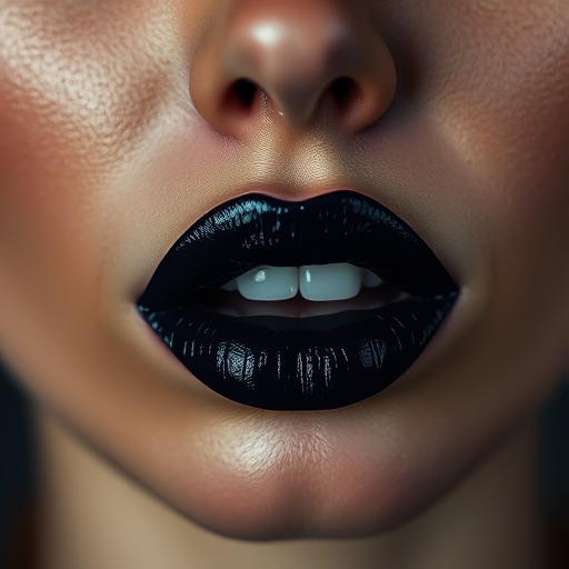 Dramatic woman lips accentuated by bold black lipstick with metallic sheen, full face portrait exuding edgy confidence and mysterious allure