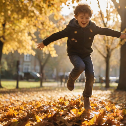 Blurry action shot of a young boy jumping into a pile of autumn leaves in a park, soft golden light filtering through the trees, with leaves scattering into the air and distant families playing in the background.