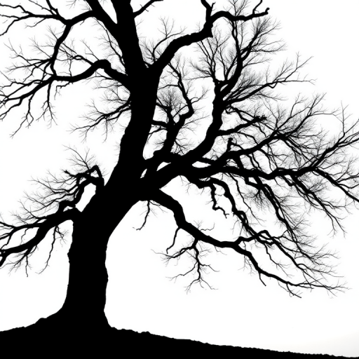 Create an image of a minimalistic black silhouette of a tree with intricate branches against a white background, captured with a DSLR camera at f/2.8, ISO 100, 50mm lens, with a shallow depth of field and high dynamic range for enhanced clarity and detail.