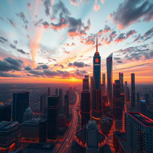 Generate a high-resolution image of a futuristic city skyline at sunset with vibrant colors, wide-angle lens, f/2.8 aperture, ISO 100, 1/200 sec exposure, shot with a DSLR camera from a high vantage point.