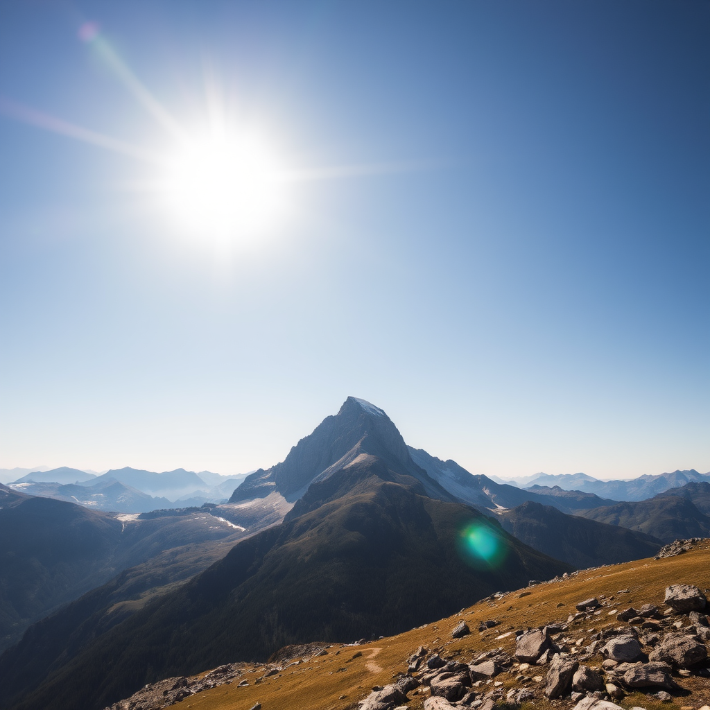 mountain landscape photography during daytime, bright blue sky, sharp peak focus, ISO 100, f/11 aperture, 1/250 sec shutter speed, 50mm lens, DSLR camera, wide-angle view, high dynamic range processing