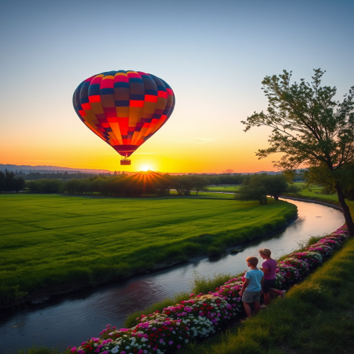 Create a vibrant landscape scene featuring a colorful hot air balloon flying over lush green fields at sunset, with children walking along a flower-lined riverbank, using a DSLR camera with a 35mm lens, aperture set to f/2.8, ISO 100, and a wide-angle view for enhanced depth and detail.