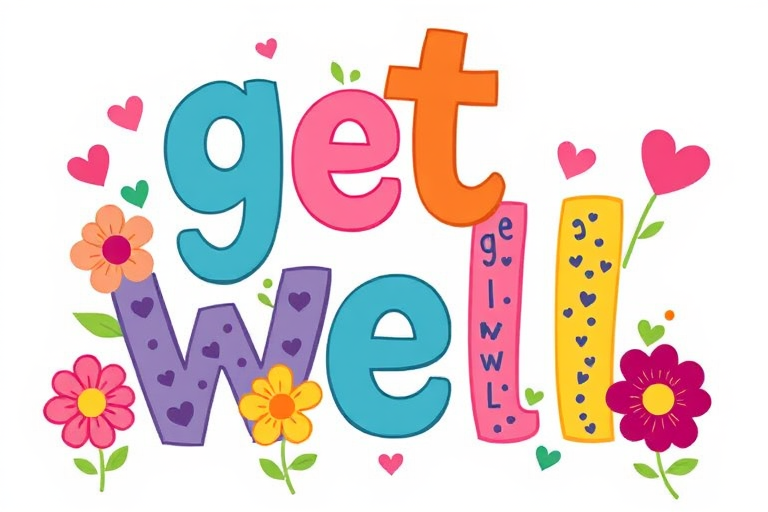 Create a colorful illustration that says "get well" with bold letters, incorporating flowers and hearts in a playful design, captured with a Canon EOS 5D Mark IV, 50mm lens, f/1.8, ISO 200, with a bright natural light setting to enhance colors and details.
