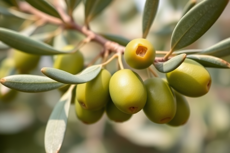 Olive branch with green olives, natural lighting, macro lens, f/2.8 aperture, 50mm focal length, shallow depth of field, vibrant colors, high-resolution image, soft focus background.