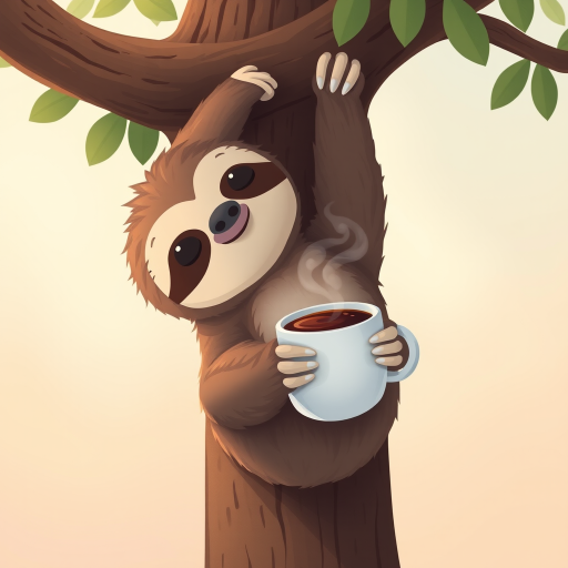 Create a cute illustration of a sloth hanging upside down from a tree branch, holding a cup of coffee with steam rising, soft pastel background, shot with a Canon EOS R5, F8 aperture, 50mm lens, natural light for a warm, inviting feel.