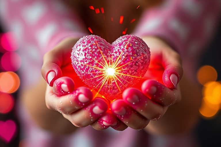 Create a vibrant image of a sparkling heart held in hands covered in glitter, with a colorful bokeh background, shot with a Canon EOS R5, 50mm lens, f/1.8 aperture, ISO 100, and a soft focus effect to enhance image quality.
