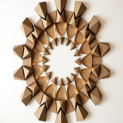 generate an image of a circular pattern made up of evenly spaced triangular shapes, using a DSLR camera with a 50mm lens at f/2.8, 1/200s shutter speed, ISO 100, top-down view with soft lighting for enhanced contrast and detail