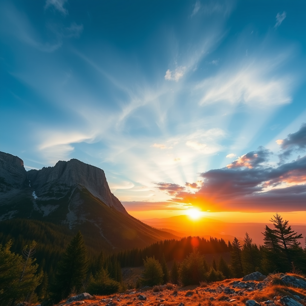 Generate a high-quality image of a mountain landscape during sunrise, 50mm lens, f/8 aperture, ISO 100, 1/200 shutter speed, wide-angle view, DSLR camera, vibrant colors and sharp details.