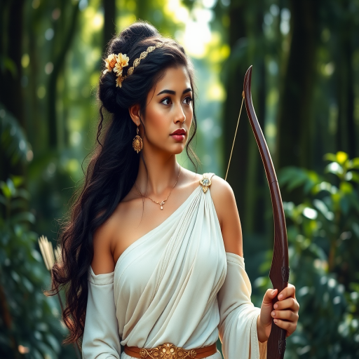 Create a portrait of a goddess-like Maori girl figure in a tranquil, forested environment. She has an elegant appearance with long, wavy hair styled in an updo and adorned with a delicate, floral headband. She wears a flowing, ancient Greek-inspired gown in a soft, pale color, featuring a one-shoulder design and draped fabric that accentuates her graceful form. The outfit includes a decorative belt with ornate gold detailing, and she holds a bow in her hand, with a quiver of arrows slung over her shoulder. The background depicts lush greenery, with sunlight filtering through the trees, casting a gentle, ethereal light on the scene. Her expression is calm and contemplative, embodying a sense of wisdom and serenity.