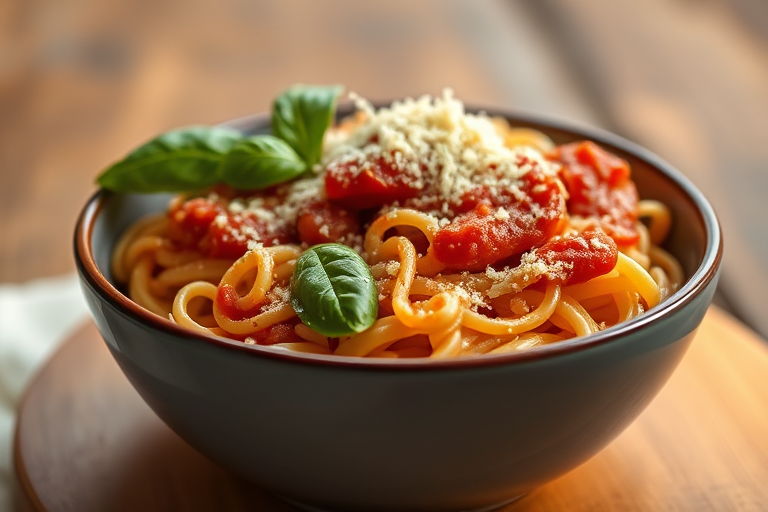 Capture a close-up shot of a bowl of pasta with marinara sauce, garnished with fresh basil leaves and grated cheese, using a Canon EOS 5D Mark IV at f/2.8, ISO 100, 1/200s, with a shallow depth of field, natural lighting, and a rustic wooden background for a warm, inviting feel.
