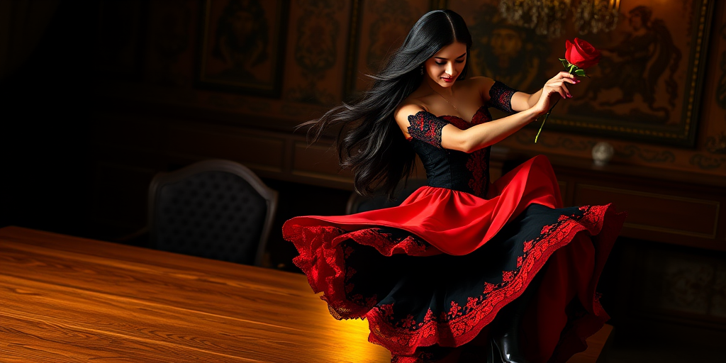 create an image of a Beautiful spanish black-hair  woman, long hair, red rose in the hand, black and red dress, dancing flamenco on the wooden table
