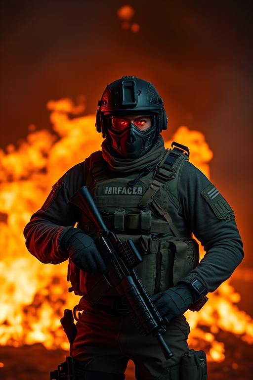A soldier in tactical gear with glowing eyes stands confidently in front of a blazing inferno, shot with a Canon EOS R5, 24mm lens, f/2.8 aperture, ISO 400, at 1/1000 sec, in cinematic style for dramatic lighting and sharp details.