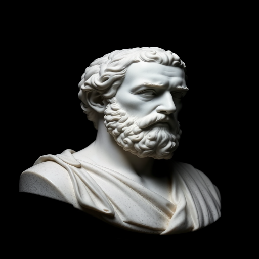 Capture a high-contrast image of a marble bust of a philosopher against a black background, using a Canon EOS R5 with a 50mm f/1.2 lens, aperture set to f/2.8, ISO 100, shutter speed 1/125 sec, in portrait orientation.