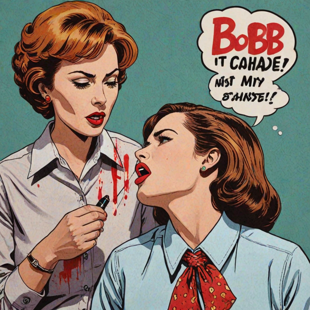 A pop art piece of a very angry wife discovering a lipstick stain on a man's dress shirt. Make the print on his collar. Put a word balloon above the wife's head that says 'It's not my SHADE Bob!!!'