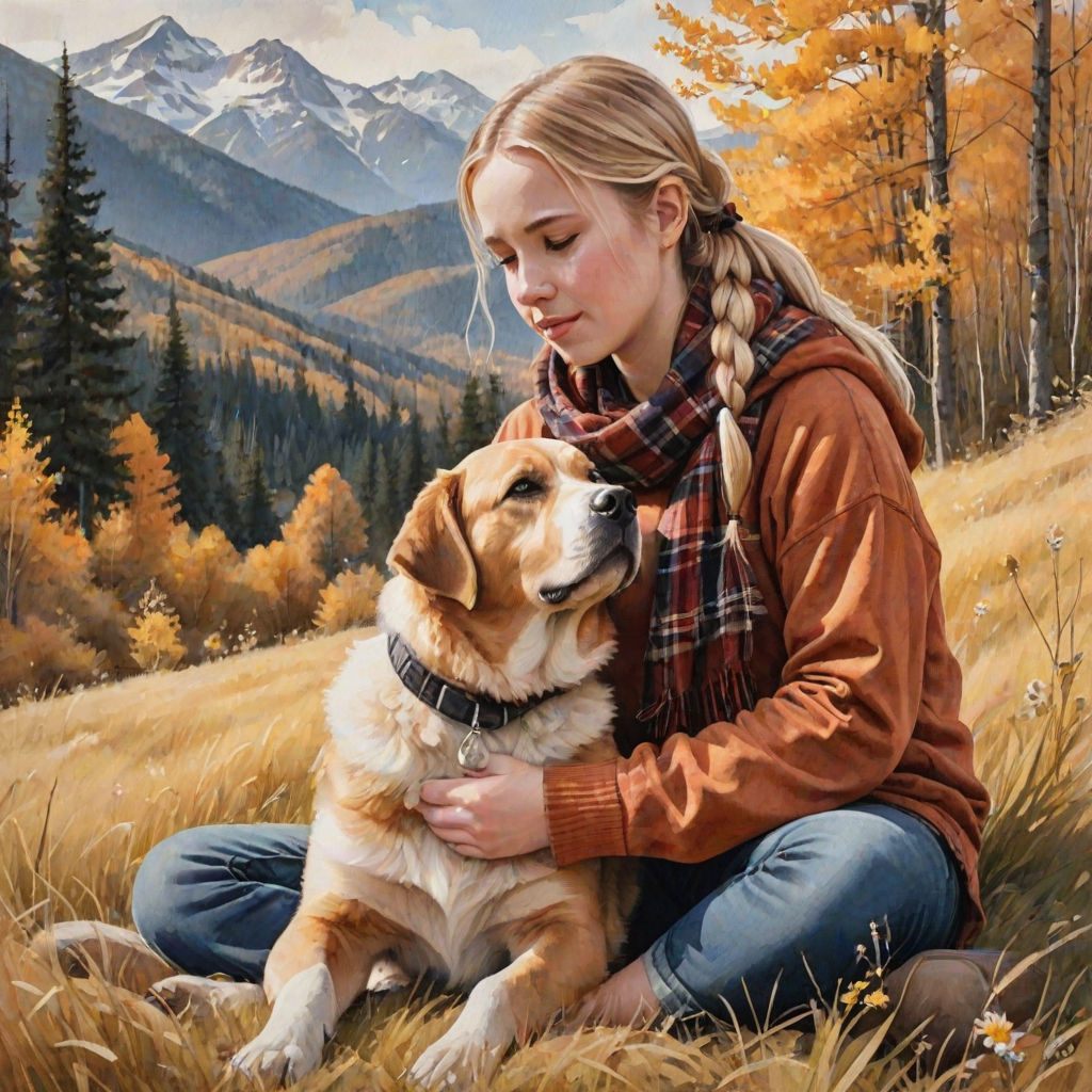 A detailed watercolor and acrylic illustration showing a heartwarming scene between a young blonde girl in pigtails and a Bearnaise Mountain dog. The girl, dressed in a rust hoodie, jeans, and a plaid scarf, gently rests her hand on the dog’s head. The dog, with black, copper, and white fur, sits beside her, tilting its head in affection. They sit on golden grass with wildflowers, against a sunny fall background. The artwork focuses on realistic textures and the tender bond between them.
