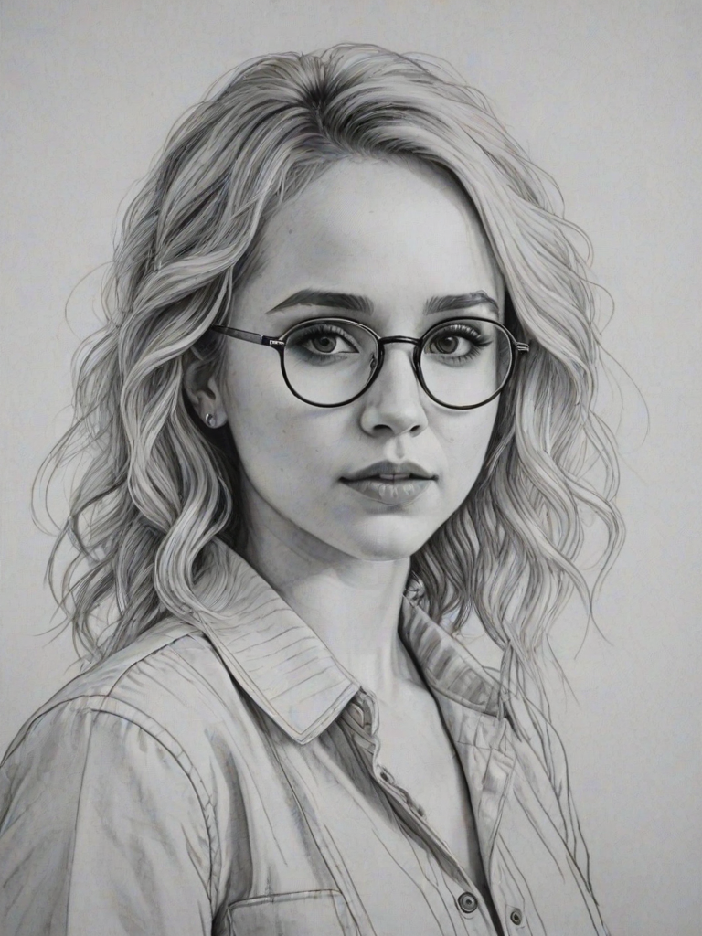 Stunning Juno Temple, pencil sketch, portrait of Beauteous woman 1933s in glasses, hair style beatnik, outline, clear lines, fine lines, 8k