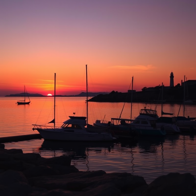 Capture a vibrant sunset over a tranquil harbor with silhouetted boats and a lighthouse, focus on warm hues of orange and pink, use a Canon EOS R5 with a 24-70mm f/2.8 lens, aperture f/11, shutter speed 1/200s, ISO 200, shot from a low angle to emphasize foreground details and reflections on the water.
