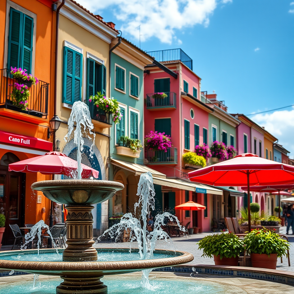 Regenerate an image of a vibrant street scene with a fountain in the foreground, colorful buildings adorned with flowers and umbrellas, captured with a Canon EOS R camera, 24mm lens, f/8 aperture, ISO 100, in natural daylight with a soft focus for depth, in a painterly style.