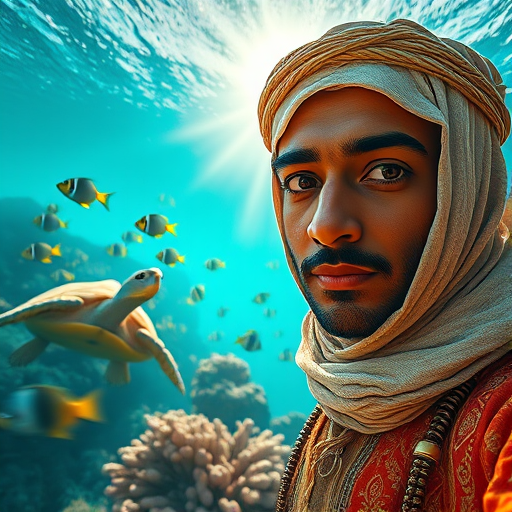 Realistic selfie image of a Sahrawi, wearing a vintage outfit, detailed dreamy eyes, droopy hooded eyes, staring at the camera, taken underwater at coral reef with a sunbeam filtering through the water, vibrant, summer vacation, natural lighting, turtle and school of tropical fish with vibrant colors, rendered in the style of CryEngine, Pegi Nicol MacLeod, with realistic genre scenes, hauntingly beautiful narratives, ultra-realism, and Thomas Saliot's close-up technique, 8K resolution, crystal clear and sparkling water.