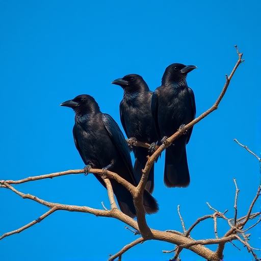 capture a high-resolution image of crows perched on a tree branch against a clear blue sky, using a DSLR camera with a 50mm lens, aperture f/2.8, ISO 100, shutter speed 1/200, and a slight zoom to highlight the birds while keeping the background slightly blurred for depth.