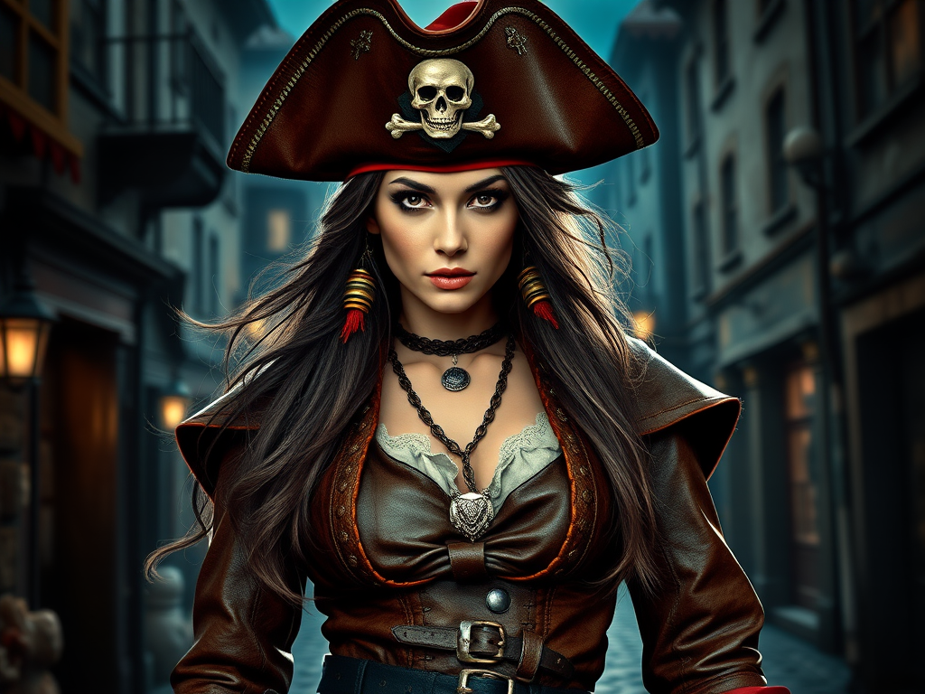 Create a portrait of a fierce female pirate. She wears a leather tricorn hat adorned with a skull and crossbones emblem, and her long, dark hair flows around her face. Her outfit consists of a richly detailed leather jacket, a corset, and multiple layers of belts and accessories, giving her a formidable and stylish appearance. She stands confidently in a dimly lit, historic port town, with a backdrop of weathered buildings and cobblestone streets, capturing the adventurous spirit of a pirate.