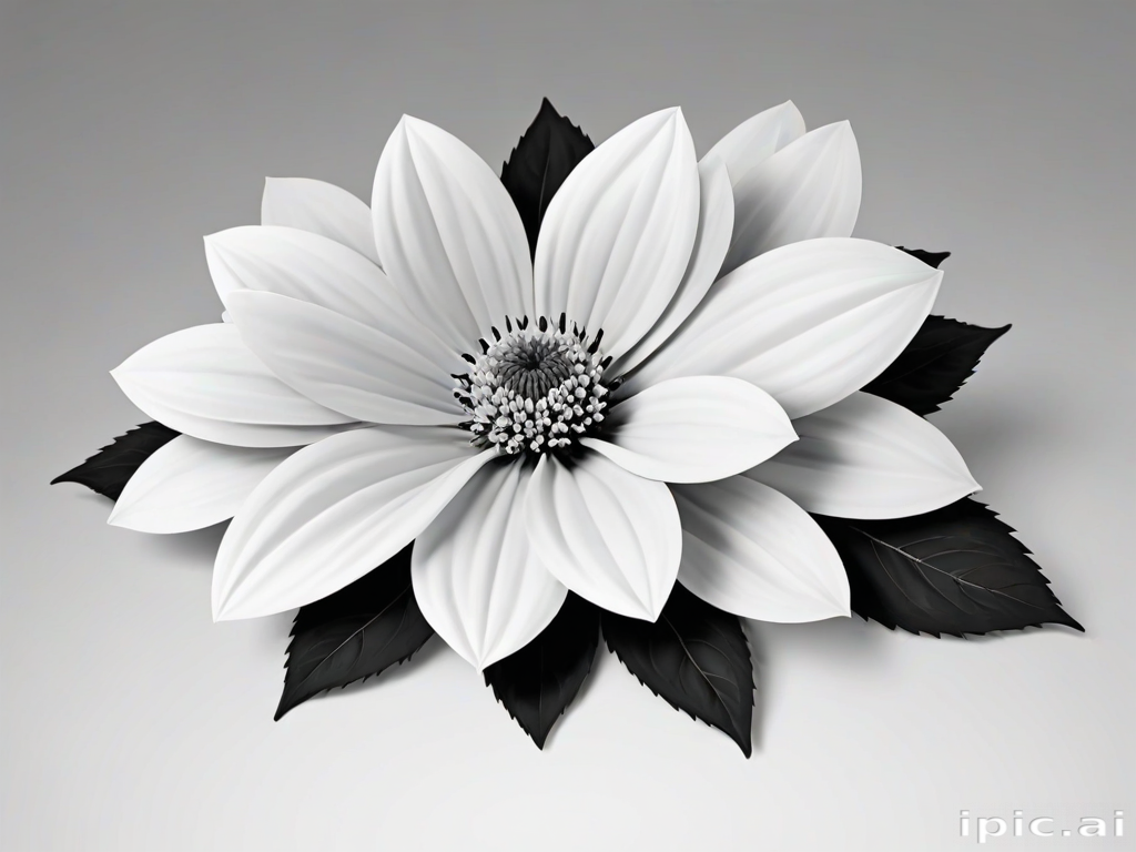 Elegant Black and White Floral Arrangement with Delicate Petals and Leaves