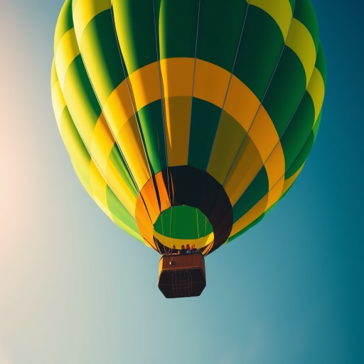 Create an illustration of a hot air balloon with a vibrant green and yellow color scheme, using a Canon EOS 5D Mark IV, 50mm lens, f/4 aperture, ISO 100, shot from a low angle for a dramatic perspective, in bright daylight to enhance colors and details.