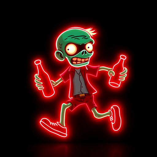 Create an image of a neon sign featuring a cartoon-style zombie in a dynamic pose, holding a bottle. The neon sign should glow in red against a dark background, making the character stand out prominently. The character should appear to be running, capturing attention with its vibrant color and action pose, perfect for advertising or decorative purposes.