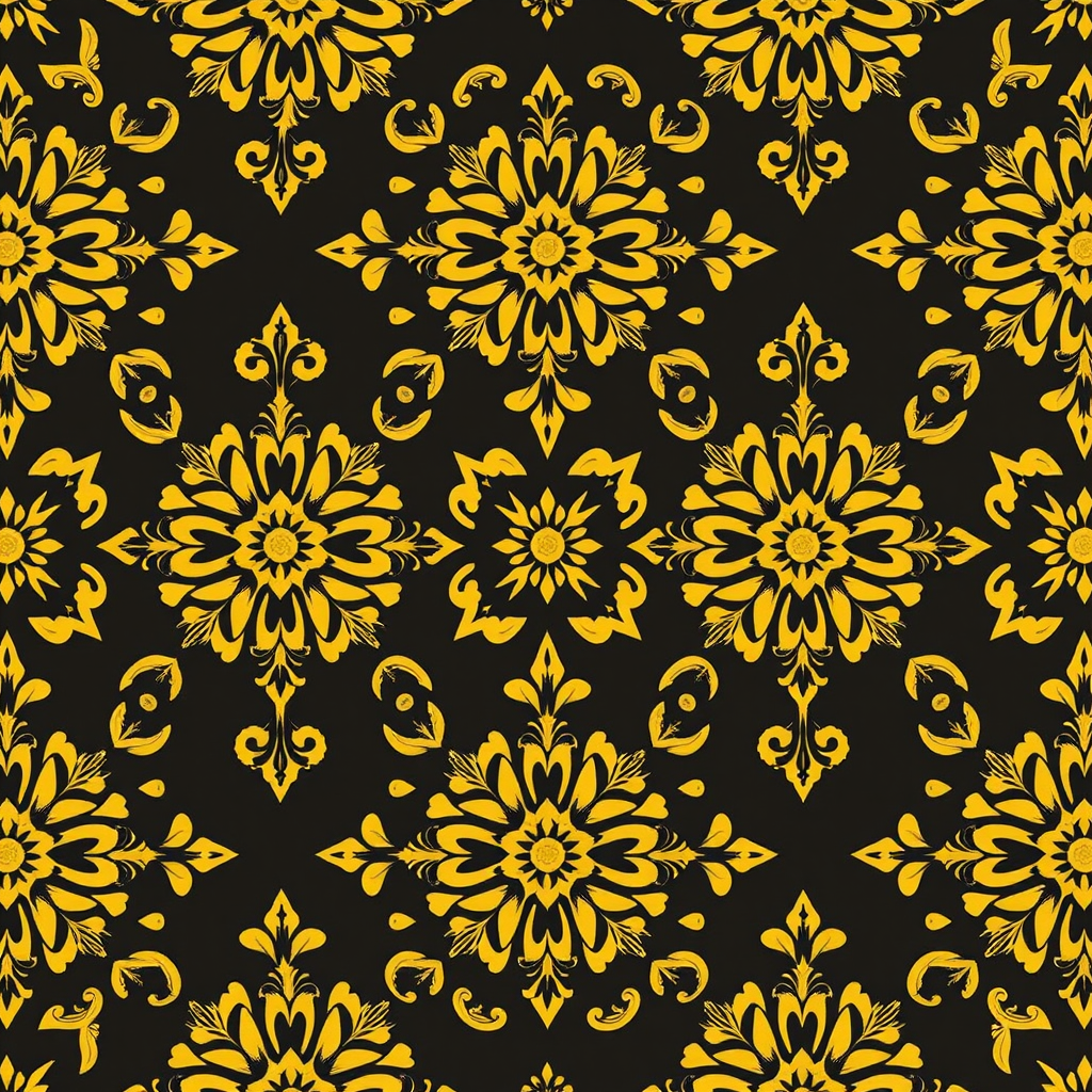 Create a seamless pattern of intricate golden floral designs on a dark background, shot with a 50mm lens at f/8 for depth of field and clarity, using a DSLR camera with a high ISO setting for enhanced texture and detail.