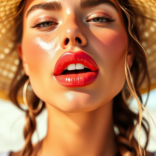 Vibrant Coral Crush lip color adorns a model's full lips, creating a sun-kissed glow that complements her bronzed skin and beach-inspired makeup look, perfect for summer adventures