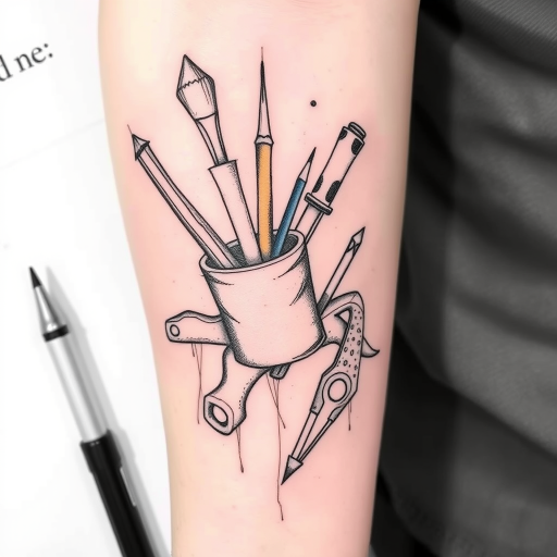 Sketch-style tattoo dubbed "Artistic Soul" resembling a rough pencil drawing come to life with loose lines and shading depicting an artist's tools and creative inspiration