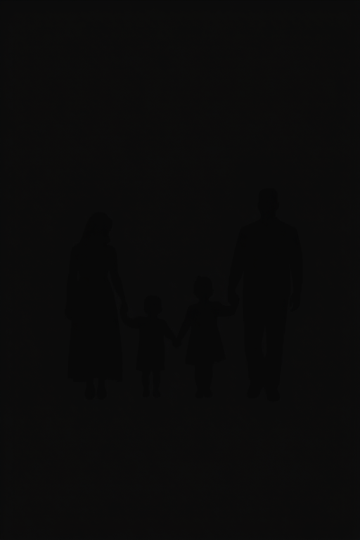 Create a minimalist silhouette of a family holding hands, featuring a mother in a dress, a father, a son, and a daughter, set against a solid black background, using a Canon EOS 5D Mark IV with a 50mm lens, f/1.8 aperture, ISO 100, and a shallow depth of field to enhance the outlines and contrast.