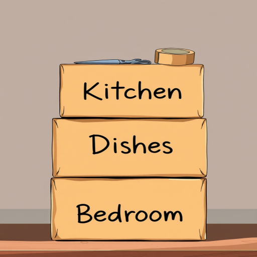 Create a high-resolution illustration of stacked cardboard boxes labeled "Kitchen," "Dishes," "Books," and "Bedroom," with a pair of scissors and a roll of tape on top, using a DSLR camera with a 50mm lens, f/2.8 aperture, 1/100s shutter speed, and soft natural lighting.